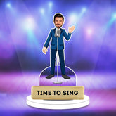 Time to Sing Caricature - Musical Caricature Gift | Acrylic Showpiece featuring a male figure in a blue suit singing on stage with a mic. Ideal for personalized birthday gifts.